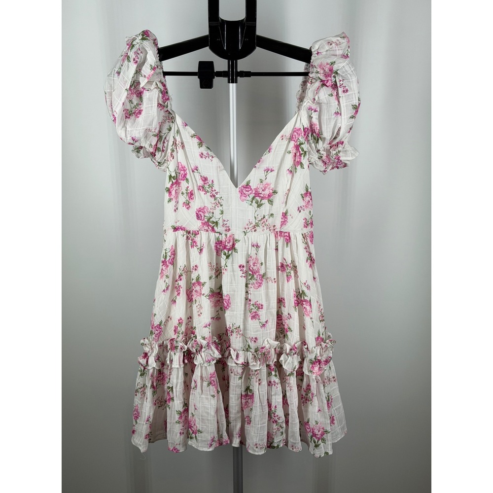 Sky to Moon Pink Floral Mini Dress White Ruffle Puff Sleeve V-Neck  M